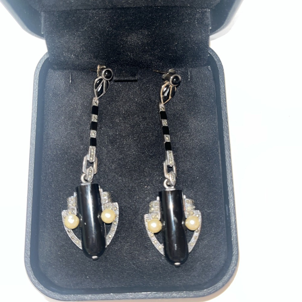 Vintage 925 Sterling Silver Onyx Marcasite Pearl Art Deco Style Drop Earrings